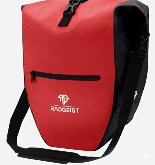RADGEIST - Fietstas Bagagedragertas - 28 L - Rood Zeildoek - Waterdicht met Laptopvak - Sportief & Functioneel - Inclusief Schouderriem & Reflectoren