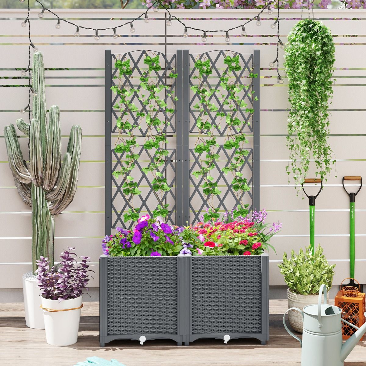 Coast Verhoogde tuinbak met schutting 80 x 40 x 140 cm - grijs, inclusief zelfbewateringssysteem voor optimale klimplantengroei