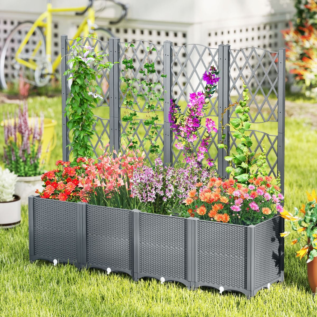 Coast Verhoogde tuinbak met schutting 80 x 40 x 140 cm - grijs, inclusief zelfbewateringssysteem voor optimale klimplantengroei