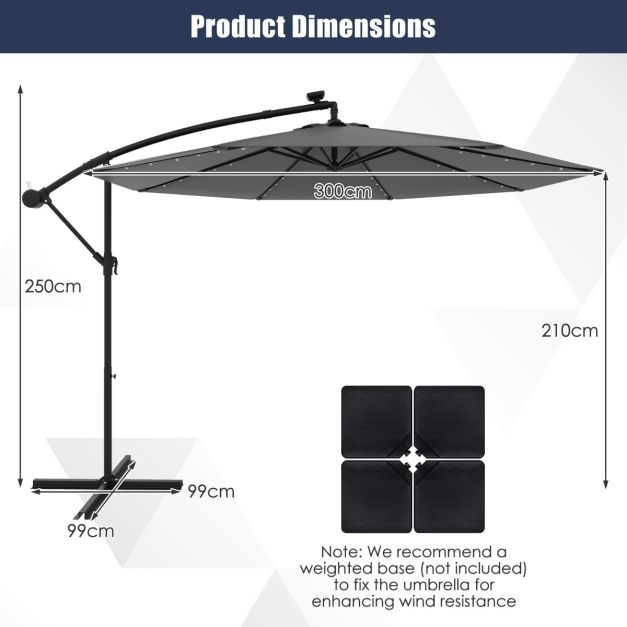 Coast Grote Verplaatsbare Hangparasol - 300x300x250 cm - 40 LED Lampen & Zonnepaneel – Grijs