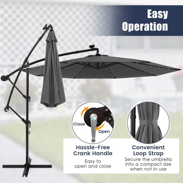 Coast Grote Verplaatsbare Hangparasol - 300x300x250 cm - 40 LED Lampen & Zonnepaneel – Grijs