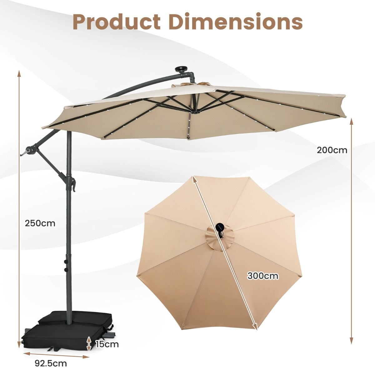 Coast Zweefparasol – Met LED Verlichting – Ø300 x 250 cm – Beige