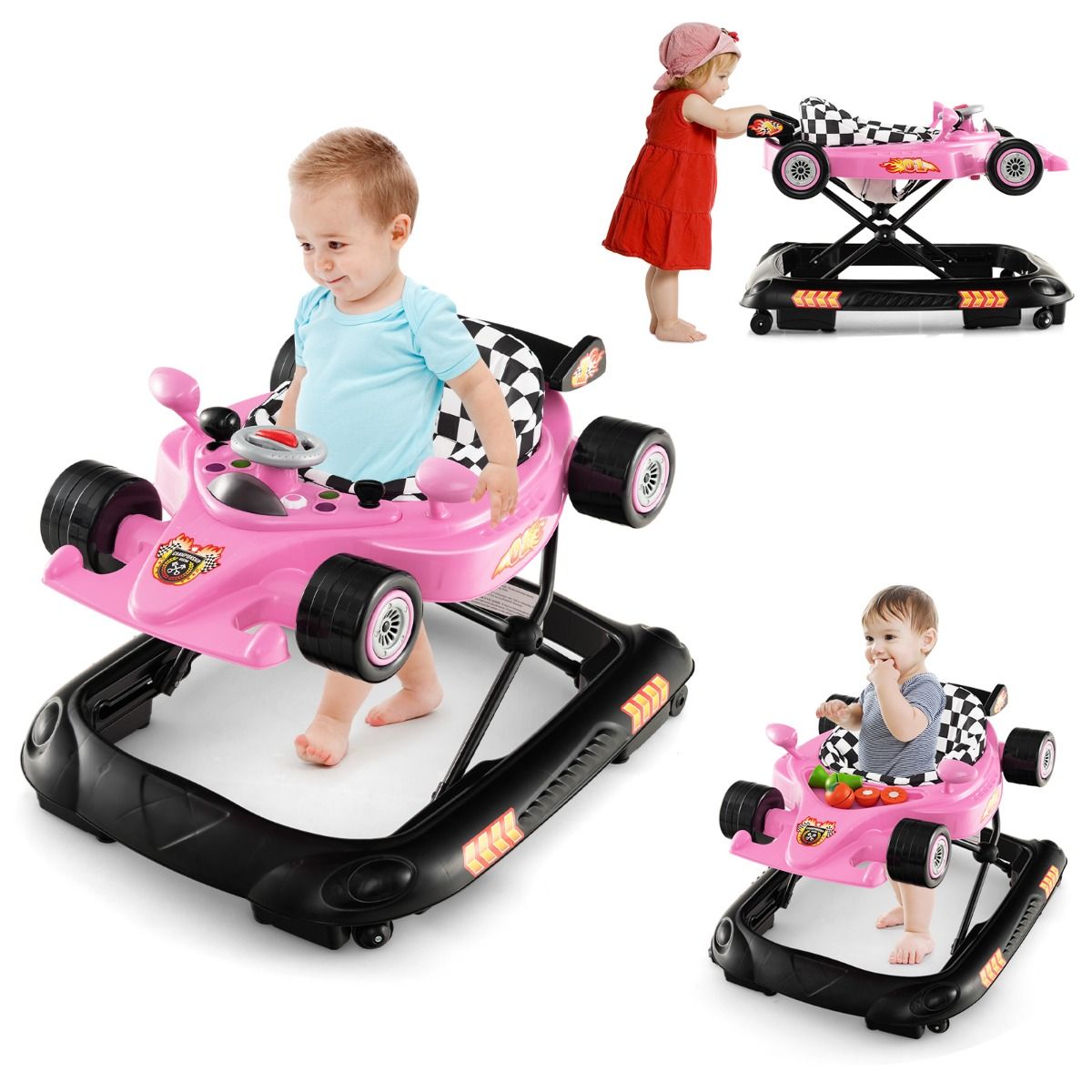 Coast Opvouwbare Loopstoeltje 4-in-1 Activiteitenrollator – Verstelbare Babywalker met Muziekblad, 3 Hoogteniveaus, 71x61x48,5 cm – Roze