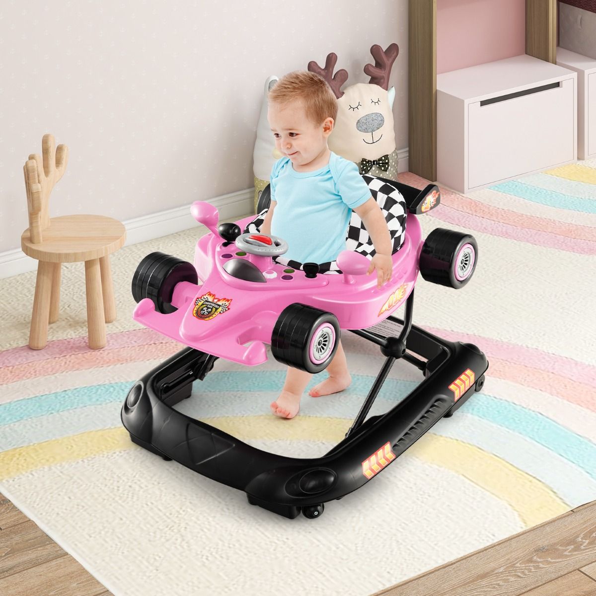 Coast Opvouwbare Loopstoeltje 4-in-1 Activiteitenrollator – Verstelbare Babywalker met Muziekblad, 3 Hoogteniveaus, 71x61x48,5 cm – Roze
