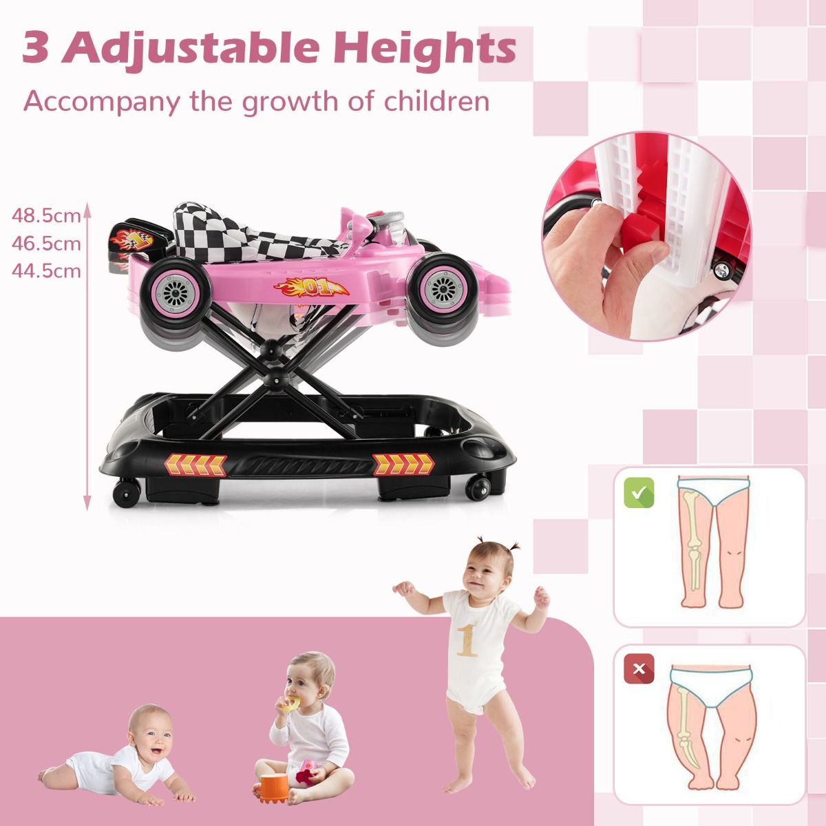 Coast Opvouwbare Loopstoeltje 4-in-1 Activiteitenrollator – Verstelbare Babywalker met Muziekblad, 3 Hoogteniveaus, 71x61x48,5 cm – Roze