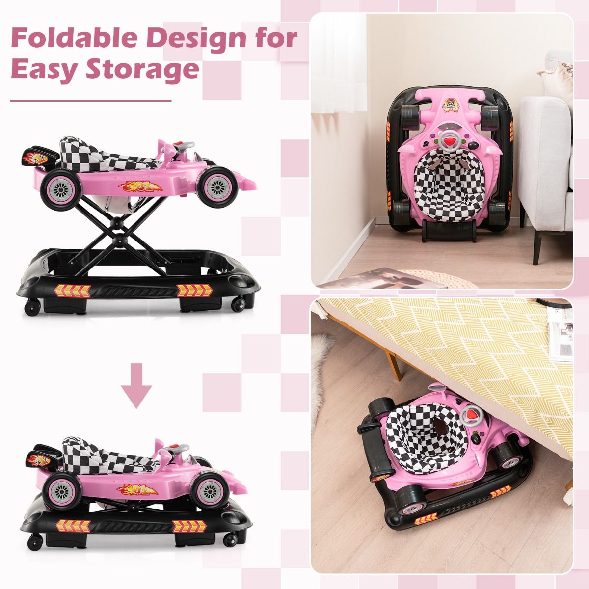 Coast Opvouwbare Loopstoeltje 4-in-1 Activiteitenrollator – Verstelbare Babywalker met Muziekblad, 3 Hoogteniveaus, 71x61x48,5 cm – Roze