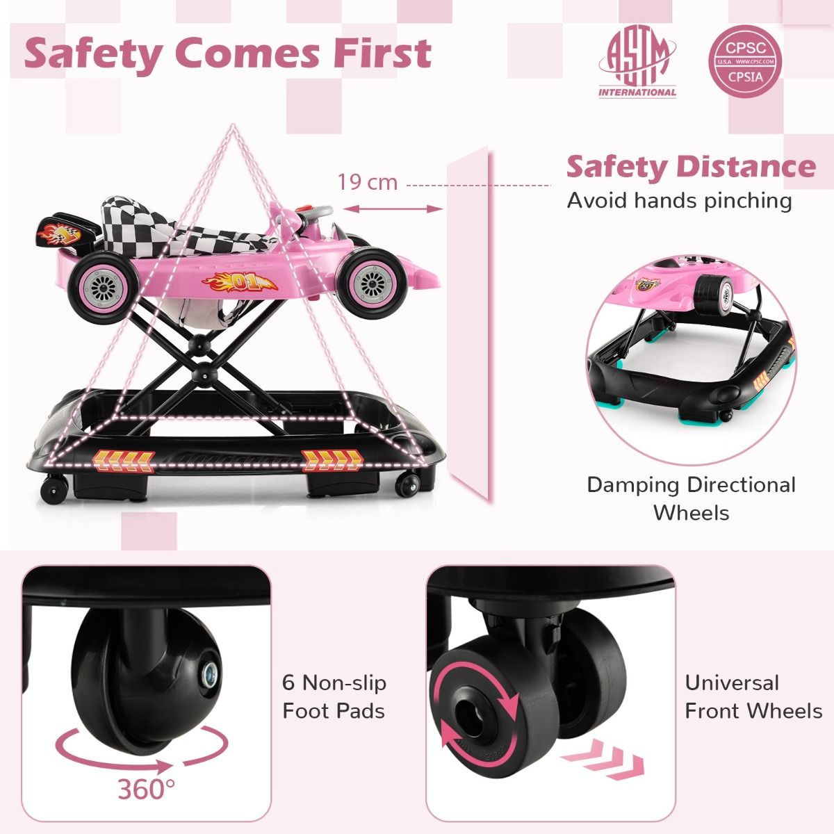 Coast Opvouwbare Loopstoeltje 4-in-1 Activiteitenrollator – Verstelbare Babywalker met Muziekblad, 3 Hoogteniveaus, 71x61x48,5 cm – Roze