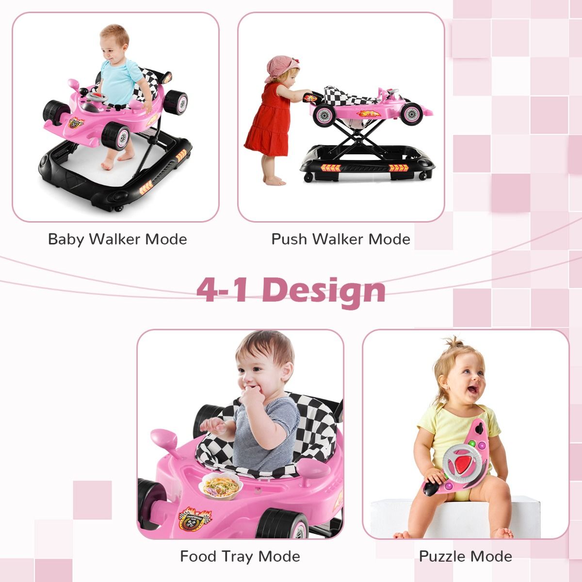 Coast Opvouwbare Loopstoeltje 4-in-1 Activiteitenrollator – Verstelbare Babywalker met Muziekblad, 3 Hoogteniveaus, 71x61x48,5 cm – Roze