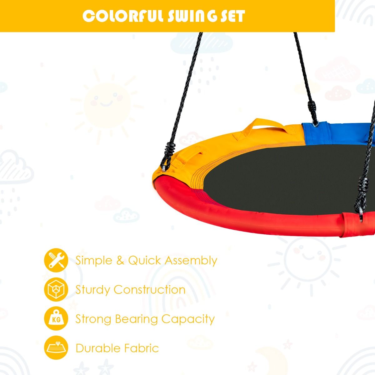 Coast Nestschommel Ø100 cm - Kleurrijk - Verstelbare hoogte 100-180 cm - Inclusief kussen en handgrepen