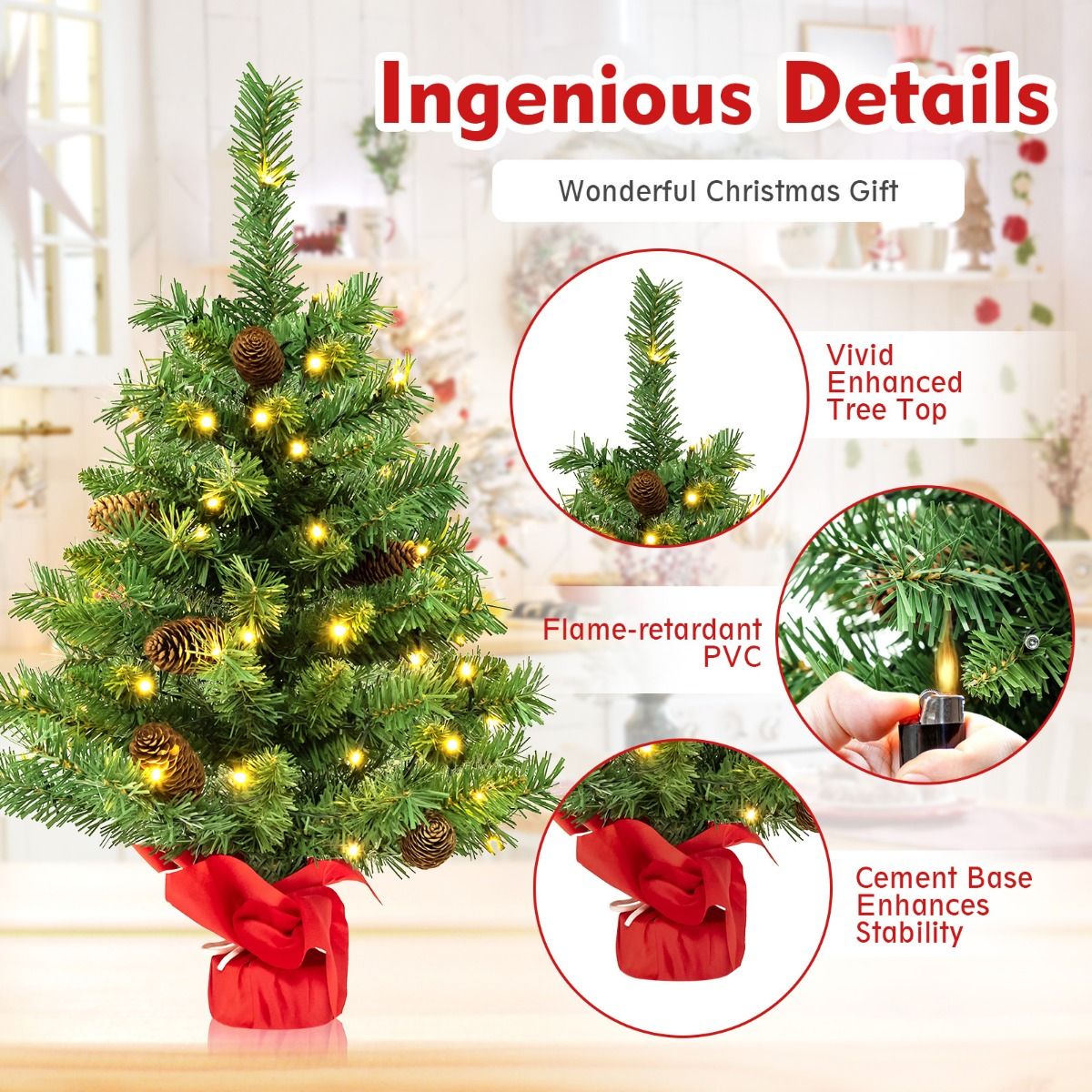 Coast Kunstkerstboom met Ledverlichting en Dennenappels – Tafelkerstboom met Cementbasis – Groen – 64 cm
