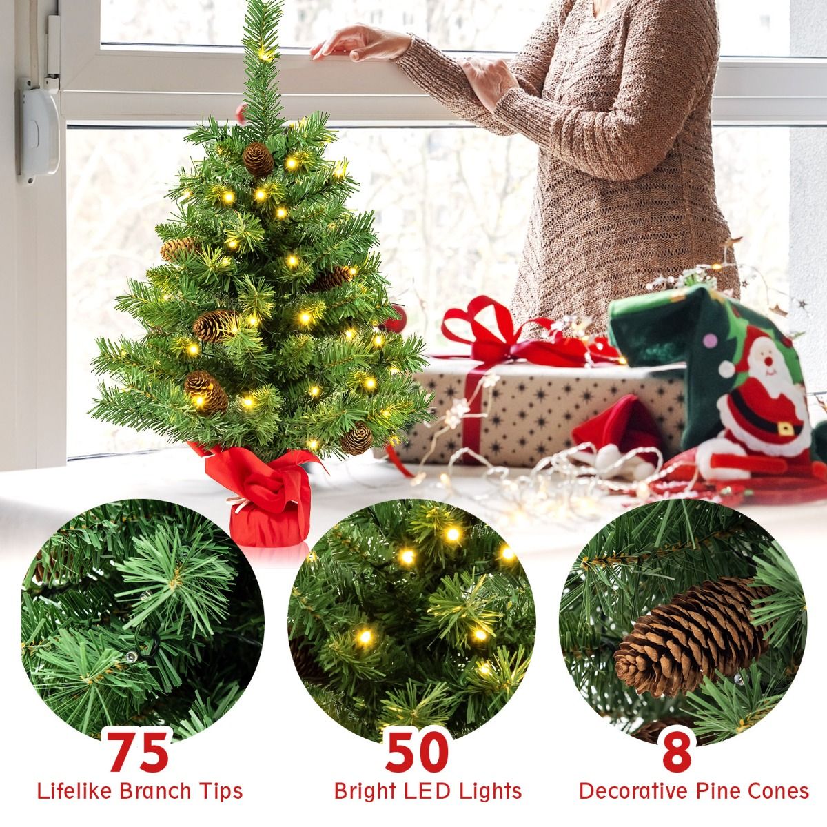 Coast Kunstkerstboom met Ledverlichting en Dennenappels – Tafelkerstboom met Cementbasis – Groen – 64 cm
