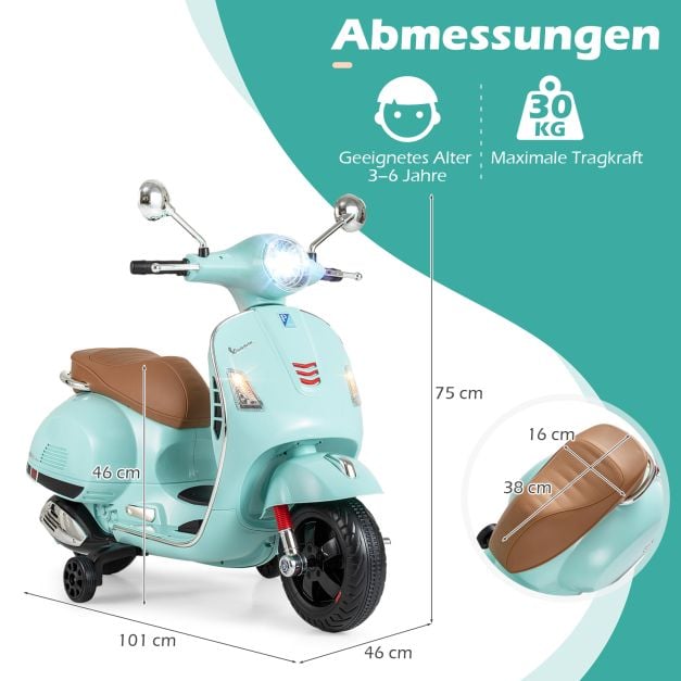 Coast Elektrische Kindermotor Groen – Vespa-Stijl Scooter met LED-Verlichting en Claxon – 75 x 46 x 101 cm