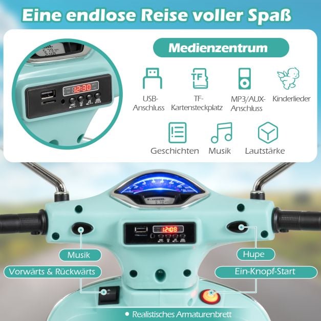 Coast Elektrische Kindermotor Groen – Vespa-Stijl Scooter met LED-Verlichting en Claxon – 75 x 46 x 101 cm