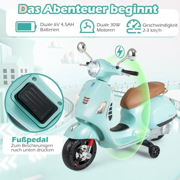 Coast Elektrische Kindermotor Groen – Vespa-Stijl Scooter met LED-Verlichting en Claxon – 75 x 46 x 101 cm