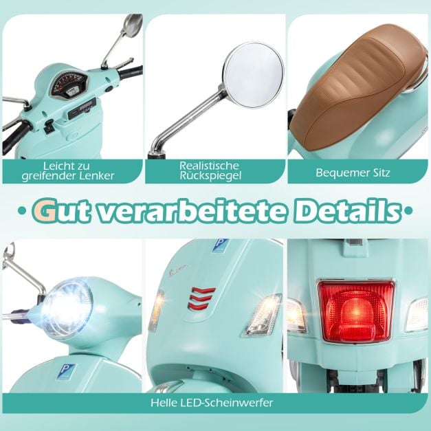 Coast Elektrische Kindermotor Groen – Vespa-Stijl Scooter met LED-Verlichting en Claxon – 75 x 46 x 101 cm