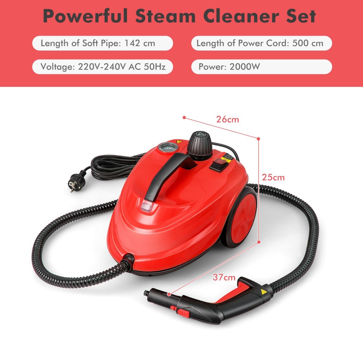 Coast Draagbare Stoomreiniger 2000W Rood – 37 x 26 x 25 cm – 5 Bar – 1,8 Liter – 15-delig