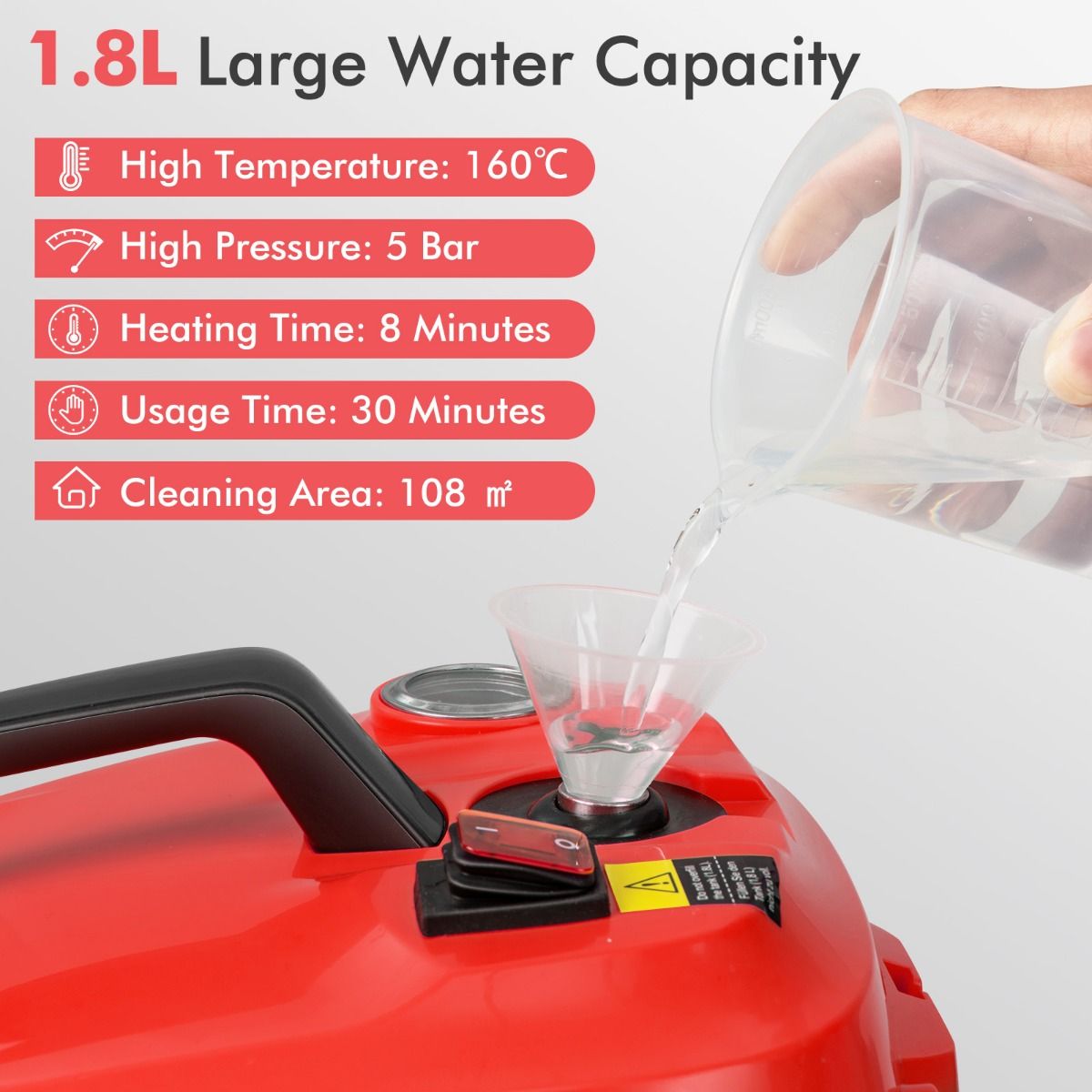 Coast Draagbare Stoomreiniger 2000W Rood – 37 x 26 x 25 cm – 5 Bar – 1,8 Liter – 15-delig