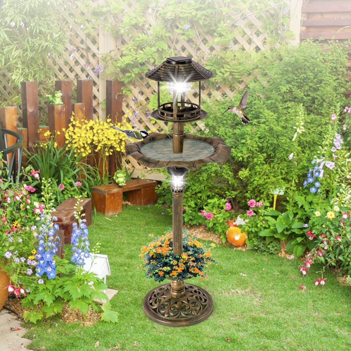 Coast Vogelvoederhuisje - Vogelbadje - Met Solar Licht - Met Vulbare Standaard - Ø43x110cm - Brons