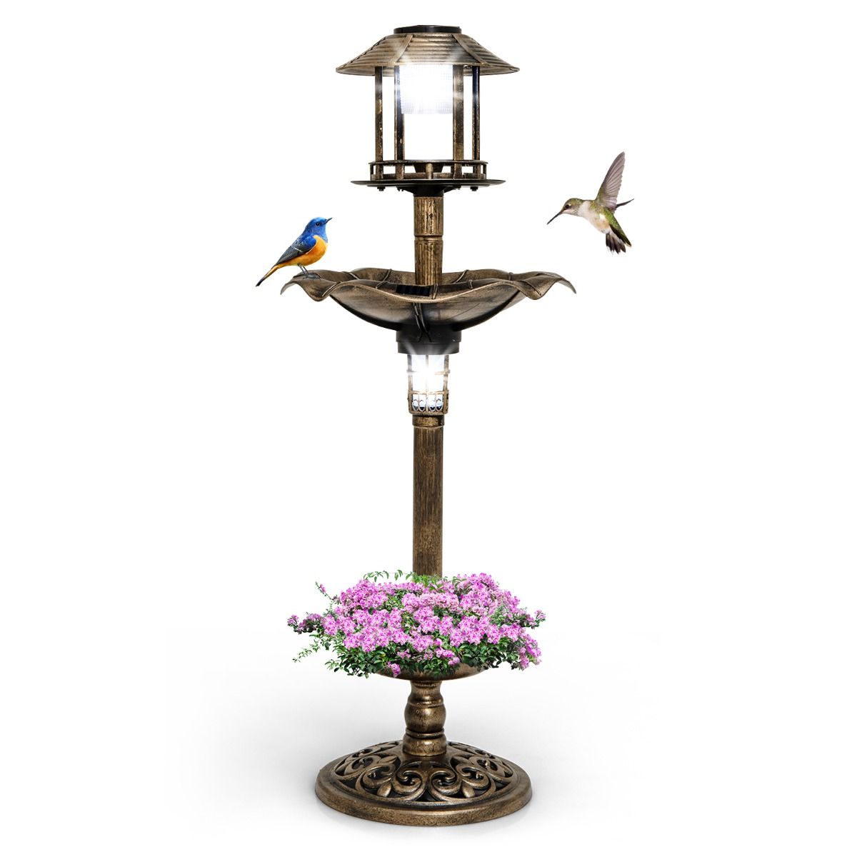 Coast Vogelvoederhuisje - Vogelbadje - Met Solar Licht - Met Vulbare Standaard - Ø43x110cm - Brons