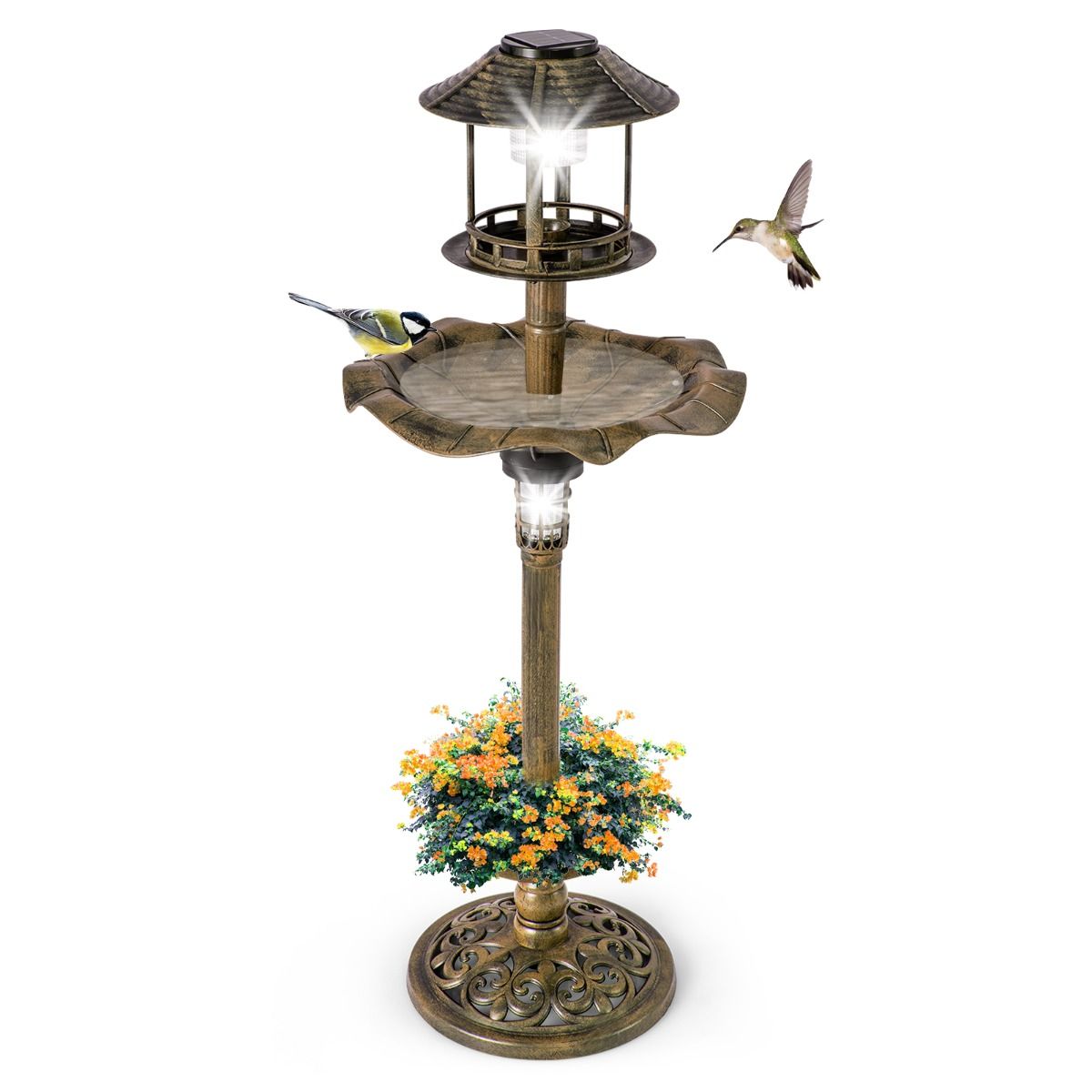 Coast Vogelvoederhuisje - Vogelbadje - Met Solar Licht - Met Vulbare Standaard - Ø43x110cm - Brons