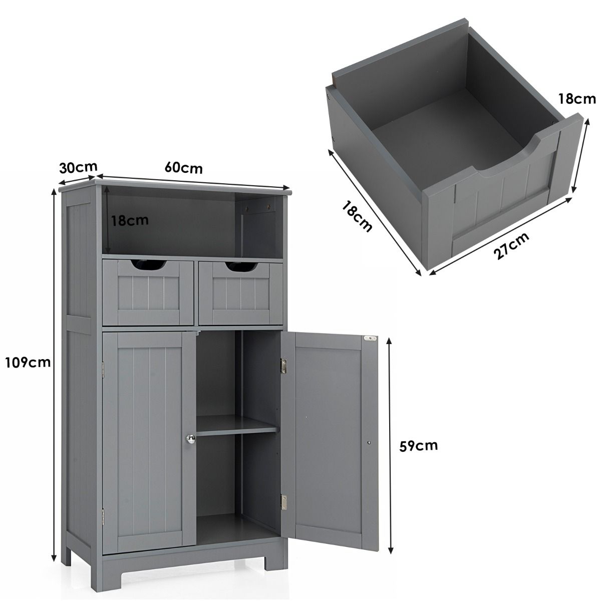 Coast Badkamerkast - 2 Deuren - 2 Lades - 60 x 30 x 109 cm - Grijs