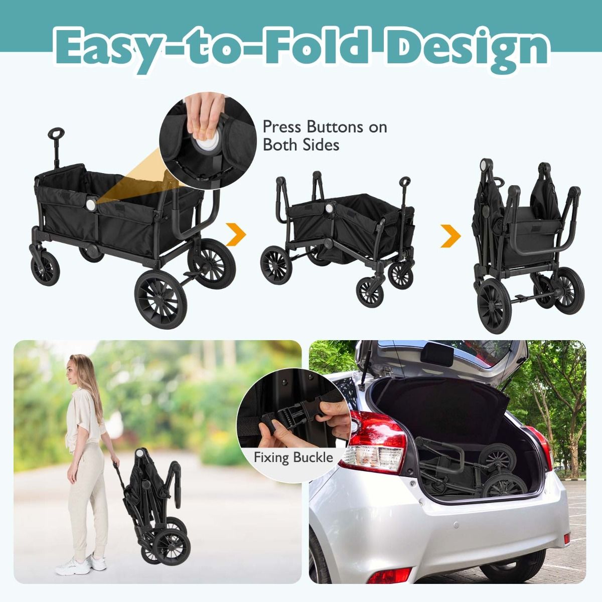 Coast 2-in-1 Opvouwbare Tweelingwagen Zwart – 104 x 57 x 107 cm – Met Verstelbare Handgreep en Afneembare Kap