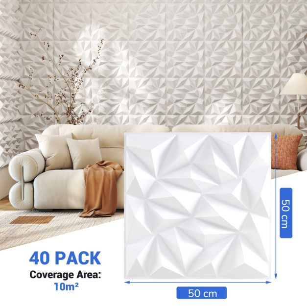 Coast 3D Wandpanelen - Diamant Design - 40 Stuks - 50 x 50 cm - Wit