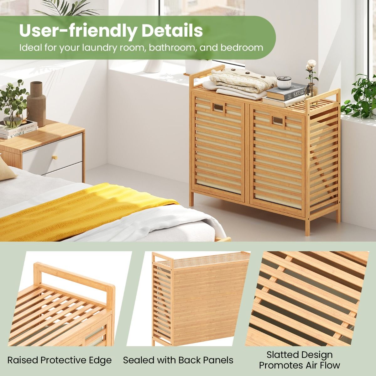 Coast Dubbel Draaibare Bamboe Wasmand – 80x30x72 cm – Naturel – Met 2 Afneembare Stoffen Mandjes – 75 Liter
