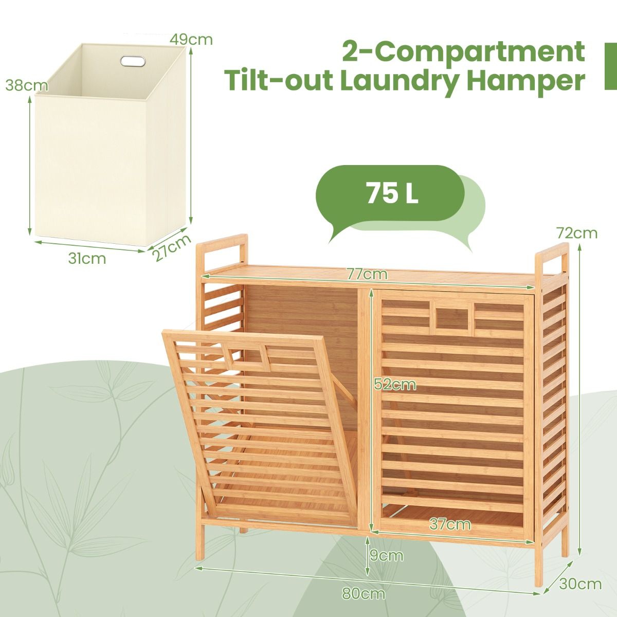 Coast Dubbel Draaibare Bamboe Wasmand – 80x30x72 cm – Naturel – Met 2 Afneembare Stoffen Mandjes – 75 Liter