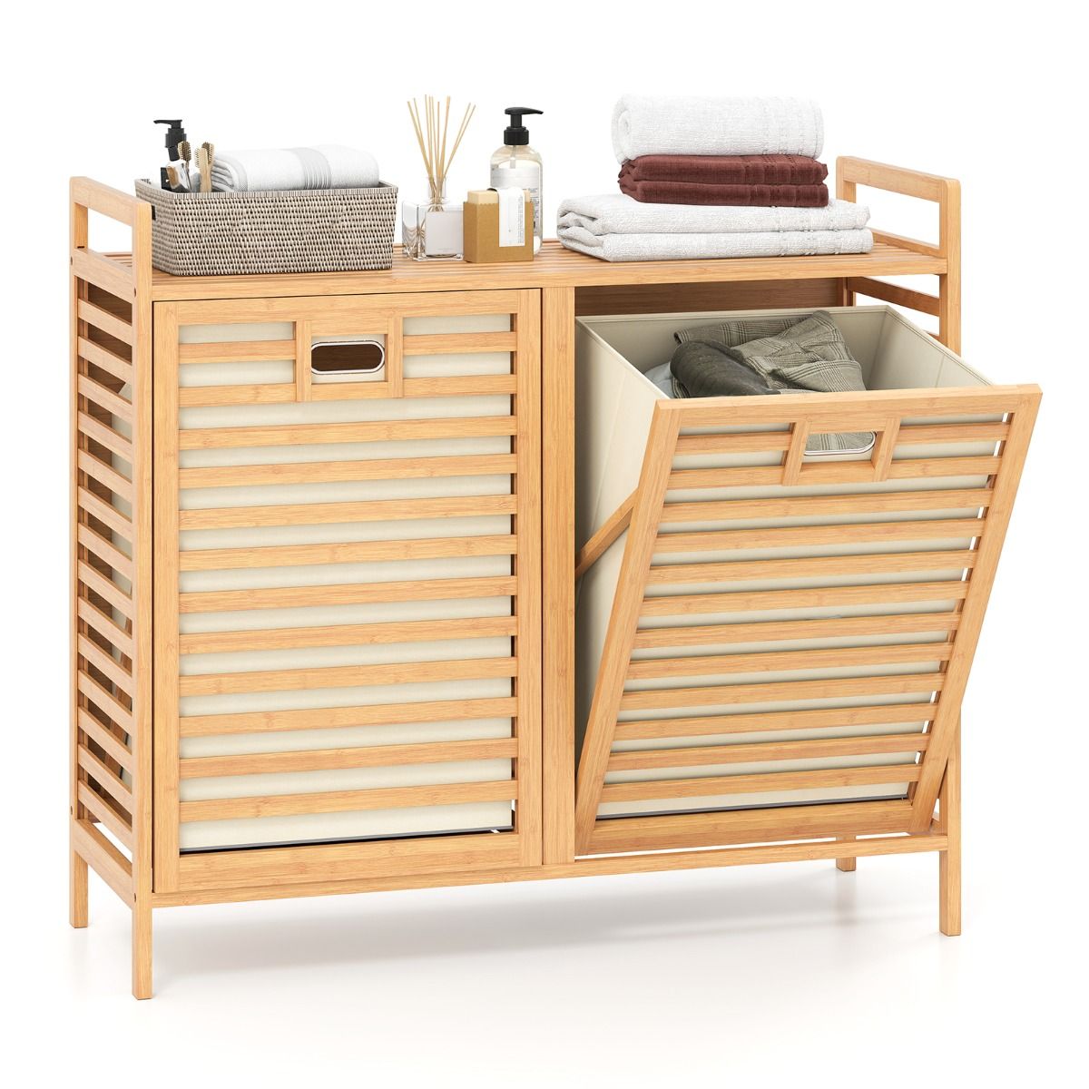 Coast Dubbel Draaibare Bamboe Wasmand – 80x30x72 cm – Naturel – Met 2 Afneembare Stoffen Mandjes – 75 Liter