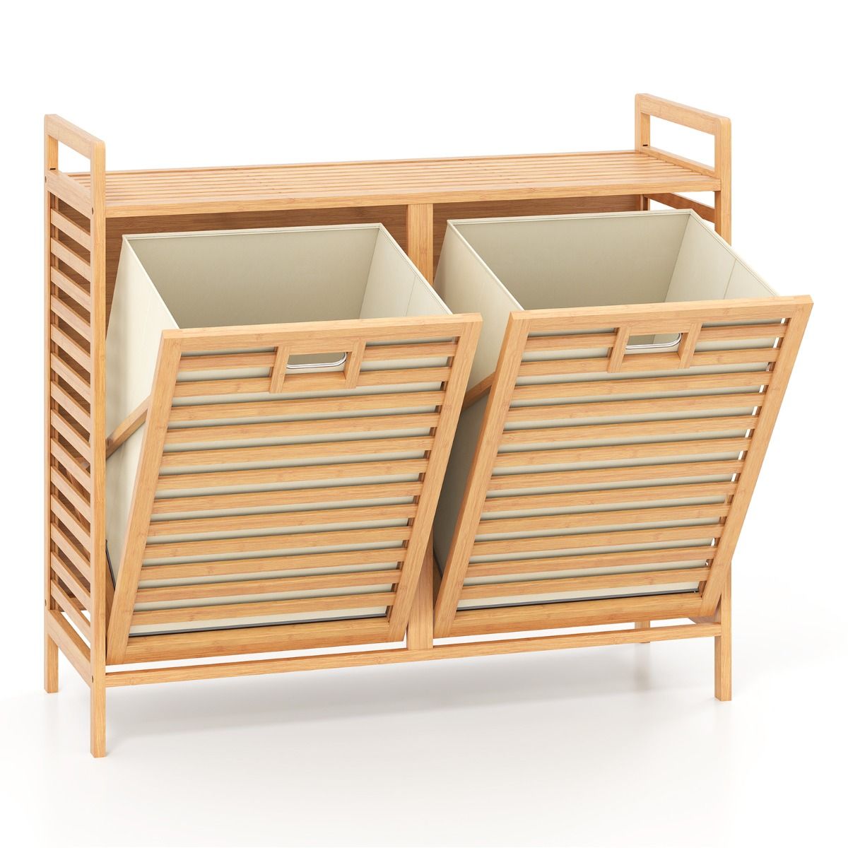 Coast Dubbel Draaibare Bamboe Wasmand – 80x30x72 cm – Naturel – Met 2 Afneembare Stoffen Mandjes – 75 Liter