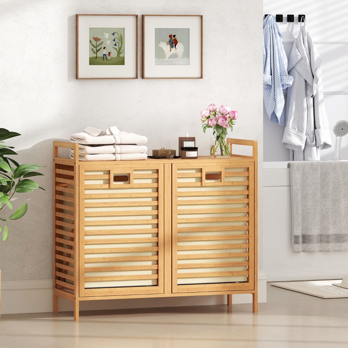 Coast Dubbel Draaibare Bamboe Wasmand – 80x30x72 cm – Naturel – Met 2 Afneembare Stoffen Mandjes – 75 Liter