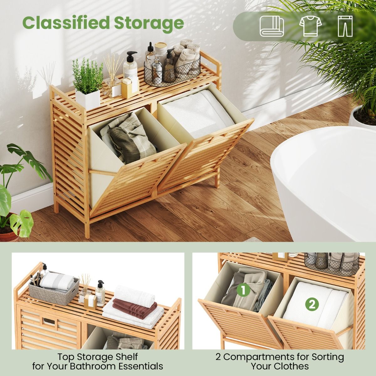 Coast Dubbel Draaibare Bamboe Wasmand – 80x30x72 cm – Naturel – Met 2 Afneembare Stoffen Mandjes – 75 Liter