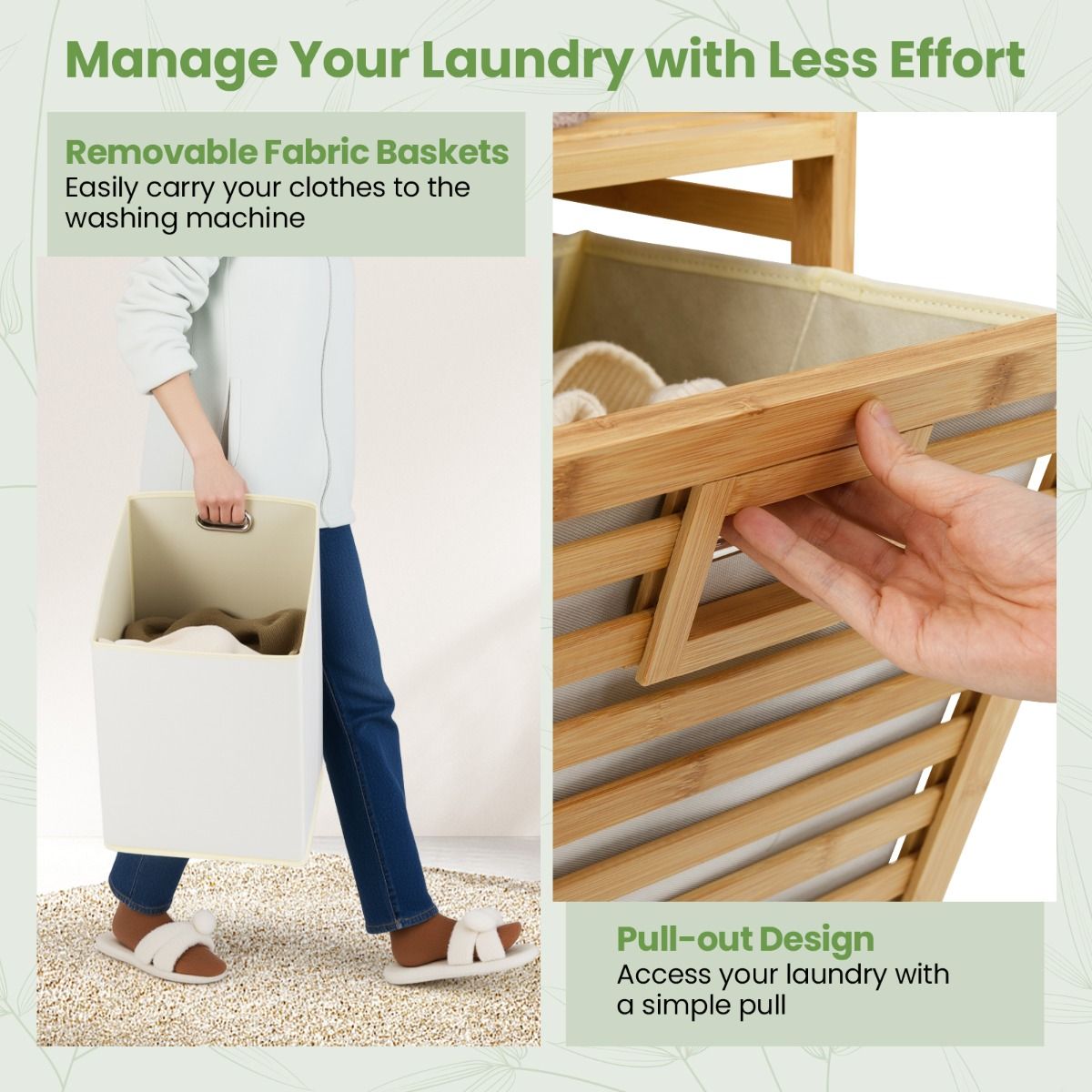 Coast Dubbel Draaibare Bamboe Wasmand – 80x30x72 cm – Naturel – Met 2 Afneembare Stoffen Mandjes – 75 Liter