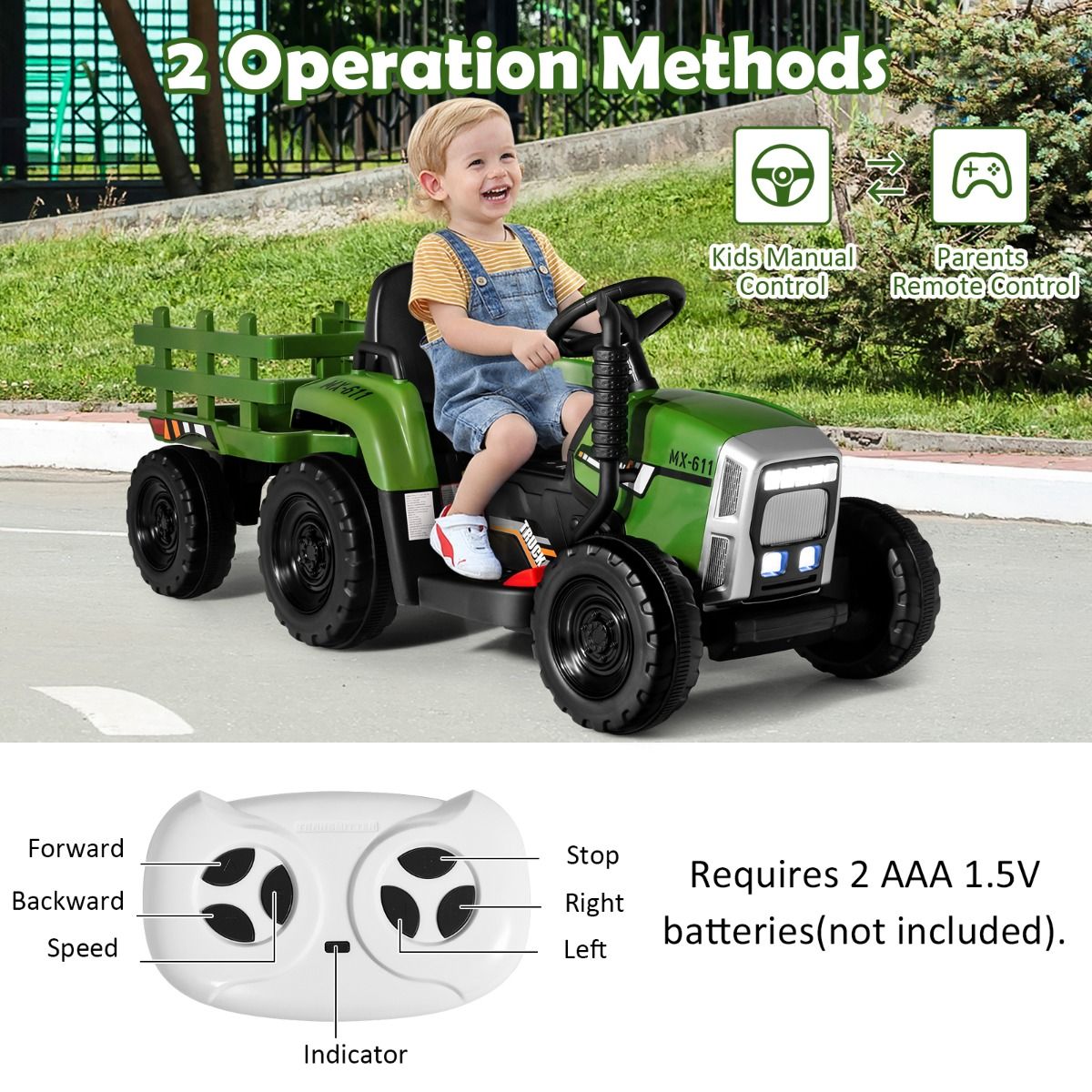 Coast 12V Kinder Trekker met Aanhangwagen Groen - 135 x 51 x 53 cm – Afstandsbediening – LED – Muziek – Bluetooth