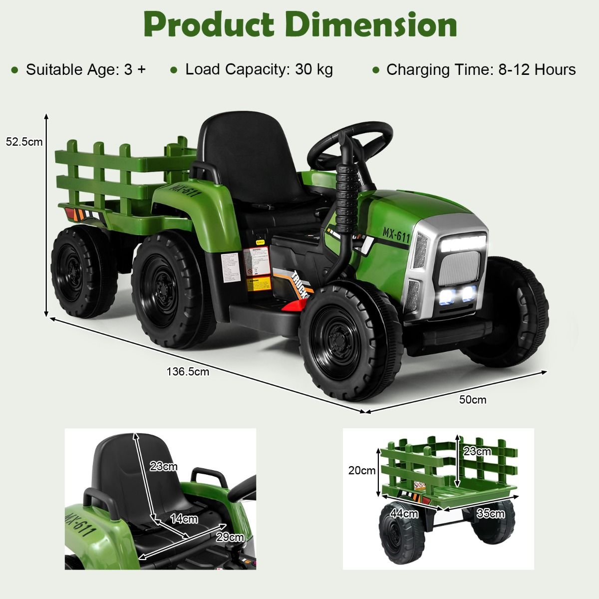 Coast 12V Kinder Trekker met Aanhangwagen Groen - 135 x 51 x 53 cm – Afstandsbediening – LED – Muziek – Bluetooth