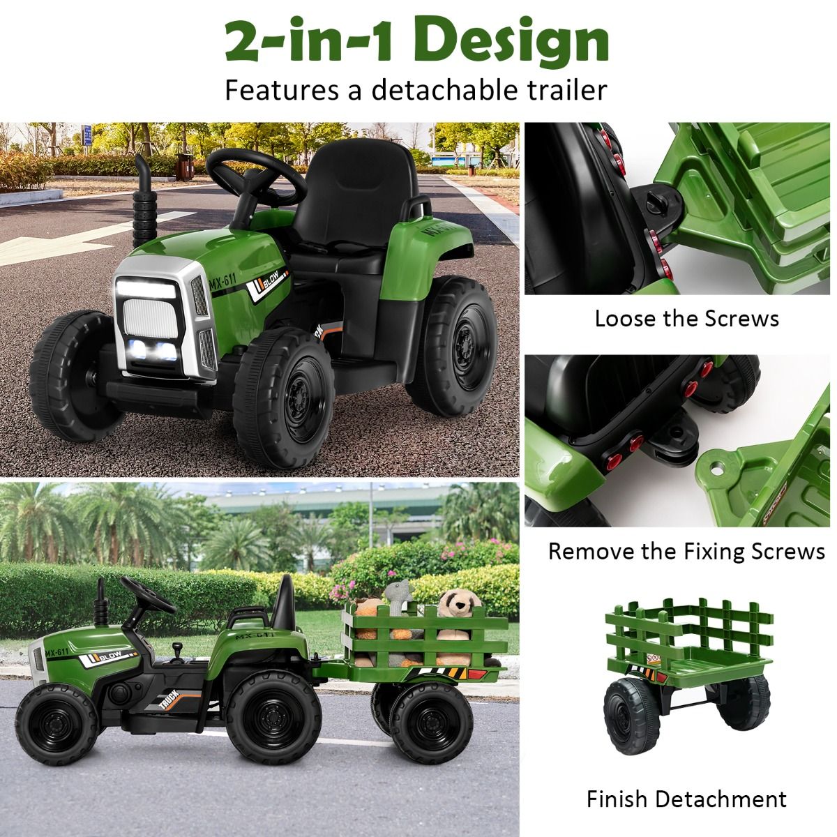 Coast 12V Kinder Trekker met Aanhangwagen Groen - 135 x 51 x 53 cm – Afstandsbediening – LED – Muziek – Bluetooth