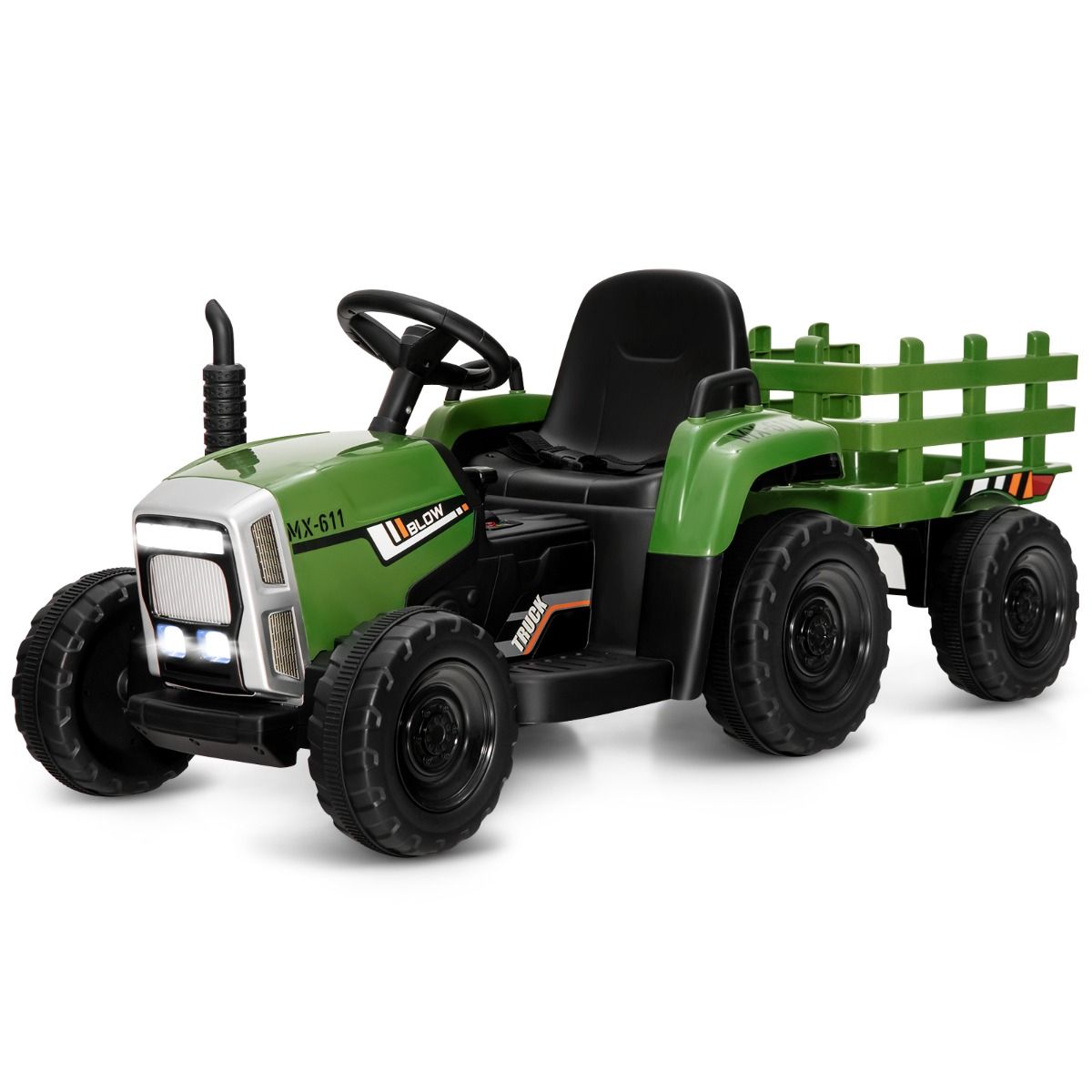 Coast 12V Kinder Trekker met Aanhangwagen Groen - 135 x 51 x 53 cm – Afstandsbediening – LED – Muziek – Bluetooth