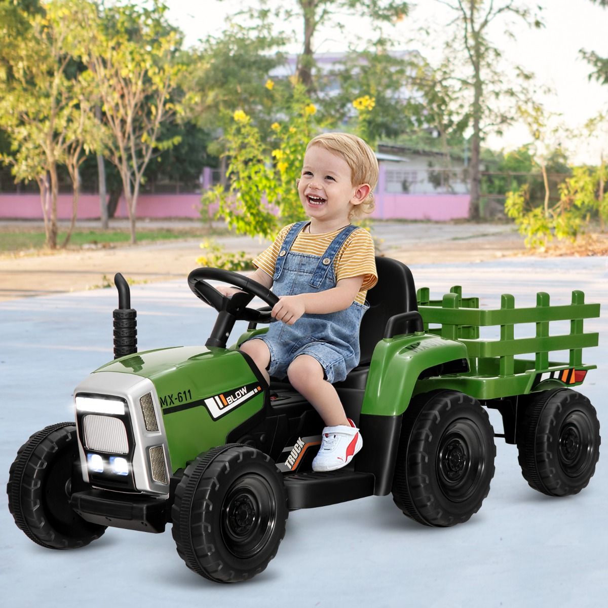 Coast 12V Kinder Trekker met Aanhangwagen Groen - 135 x 51 x 53 cm – Afstandsbediening – LED – Muziek – Bluetooth