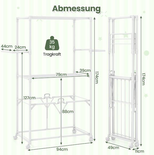 Coast Droogrek Zilver – Opvouwbaar Aluminium Wasrek met Wielen en Verwijderbare Plank – 94 x 54 x 174 cm