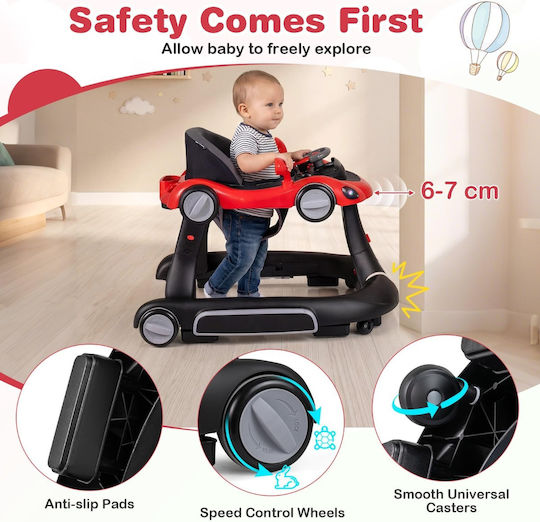 Coast 7-in-1 Babywalker - Verstelbaar - Opvouwbaar - Speelbord - Muziek - Verlichting - Zwart/Rood