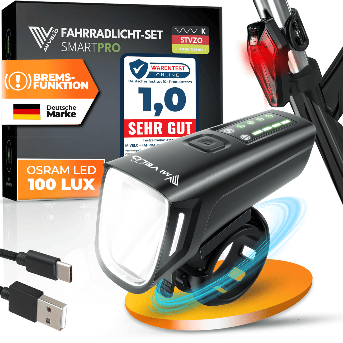 Mivelo Fietsverlichtingsset - StVZO-goedgekeurd - USB-oplaadbaar - 100% waterdicht - LED voor- en achterlicht - Met remlichtfunctie (SMART PRO)