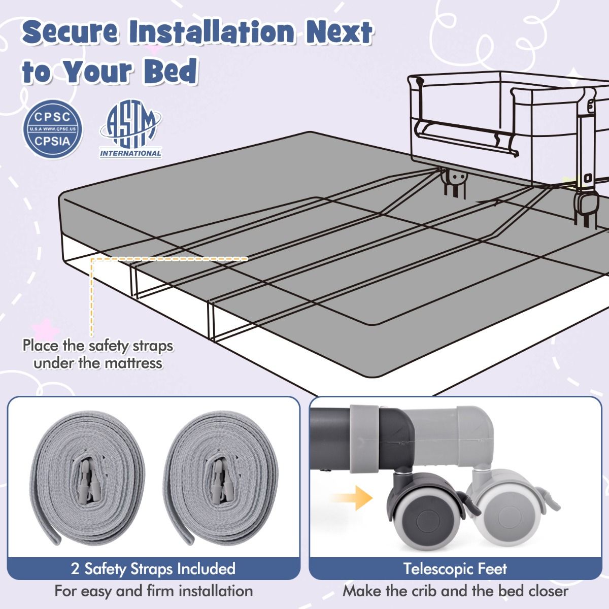 Coast 3-in-1 Babybed - Donkergrijs - 87 x 63 x 85 cm - Co-Sleeper met Matras - 6-Voudig Verstelbaar - Opvouwbaar met Opbergmand
