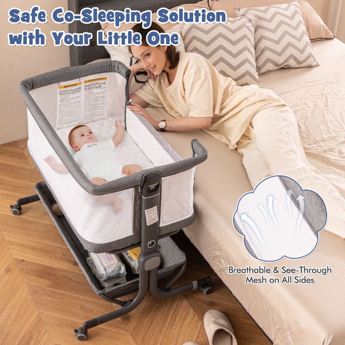 Coast 3-in-1 Babybed - Donkergrijs - 87 x 63 x 85 cm - Co-Sleeper met Matras - 6-Voudig Verstelbaar - Opvouwbaar met Opbergmand