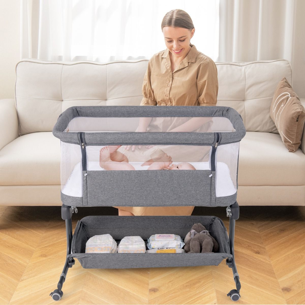 Coast 3-in-1 Babybed - Donkergrijs - 87 x 63 x 85 cm - Co-Sleeper met Matras - 6-Voudig Verstelbaar - Opvouwbaar met Opbergmand