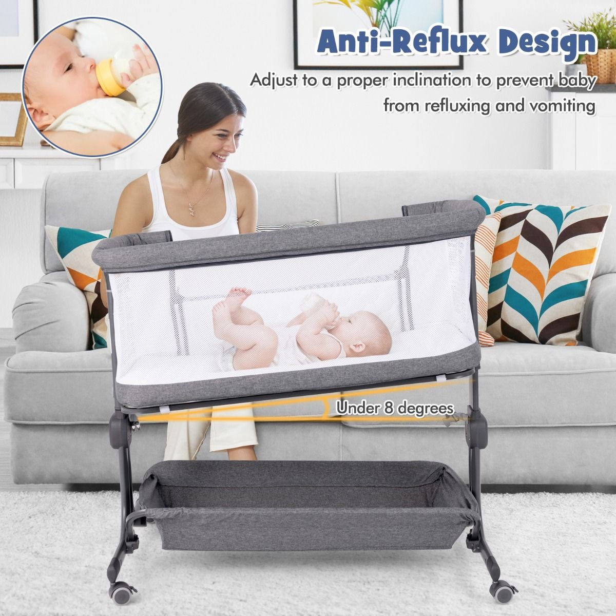 Coast 3-in-1 Babybed - Donkergrijs - 87 x 63 x 85 cm - Co-Sleeper met Matras - 6-Voudig Verstelbaar - Opvouwbaar met Opbergmand