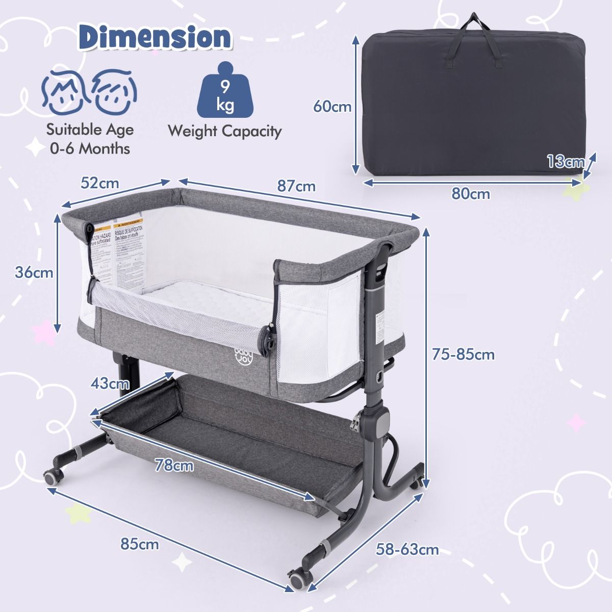Coast 3-in-1 Babybed - Donkergrijs - 87 x 63 x 85 cm - Co-Sleeper met Matras - 6-Voudig Verstelbaar - Opvouwbaar met Opbergmand
