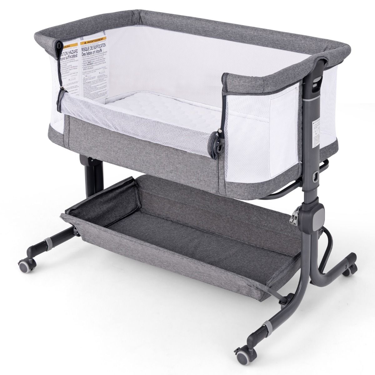Coast 3-in-1 Babybed - Donkergrijs - 87 x 63 x 85 cm - Co-Sleeper met Matras - 6-Voudig Verstelbaar - Opvouwbaar met Opbergmand